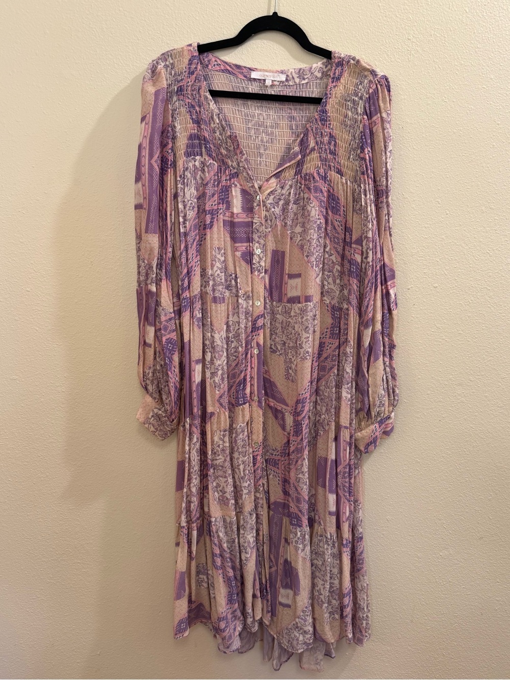 Olivaceous Lavender & Cream Mixed Print Long Sleeve Dress